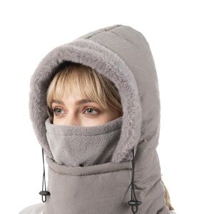 Gray Hooded Scarf with Faux Fur Trim